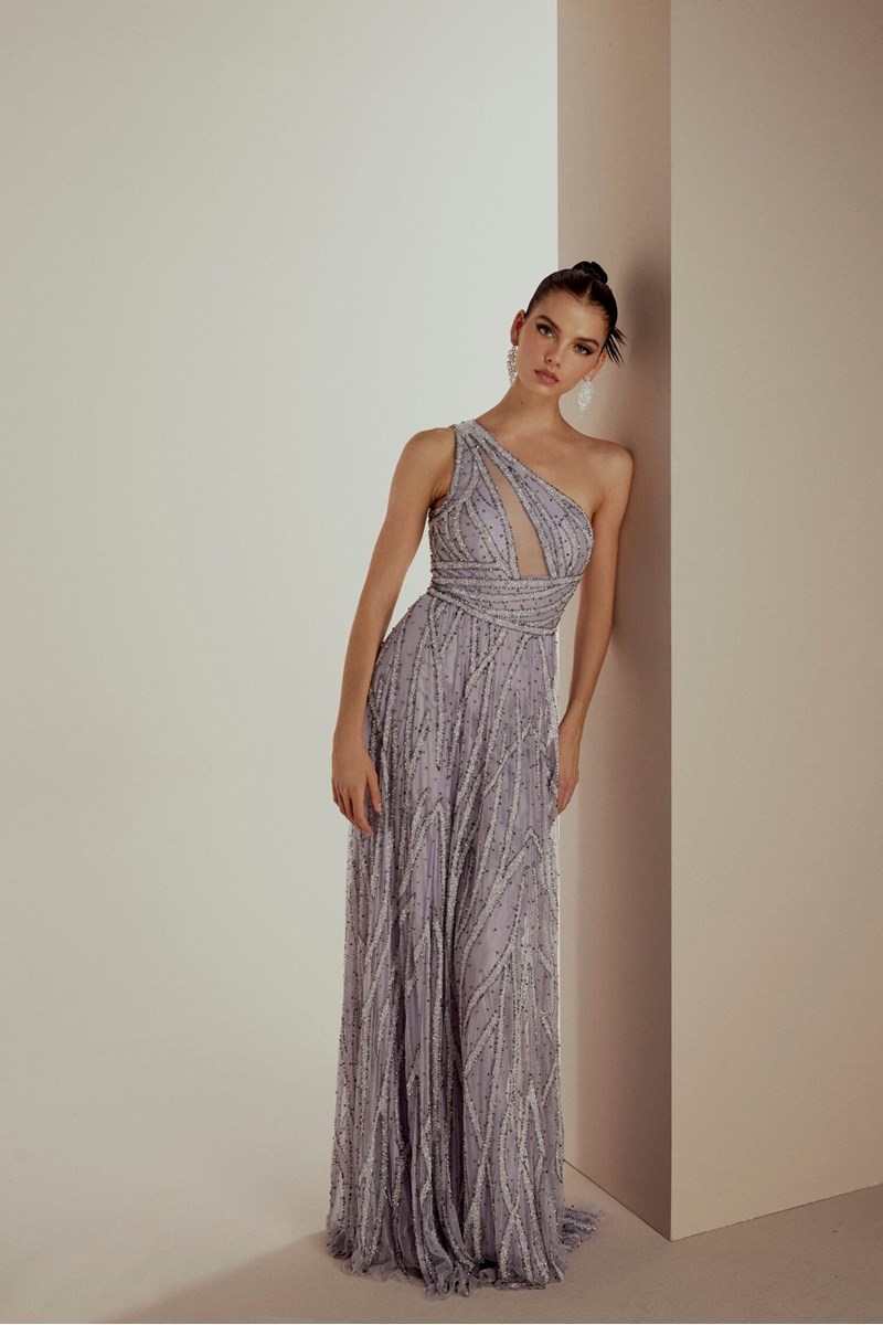 ONE SHOULDER GEOMETRIC PATTERNED EVENING DRESS WITH CUT OUT DETAIL