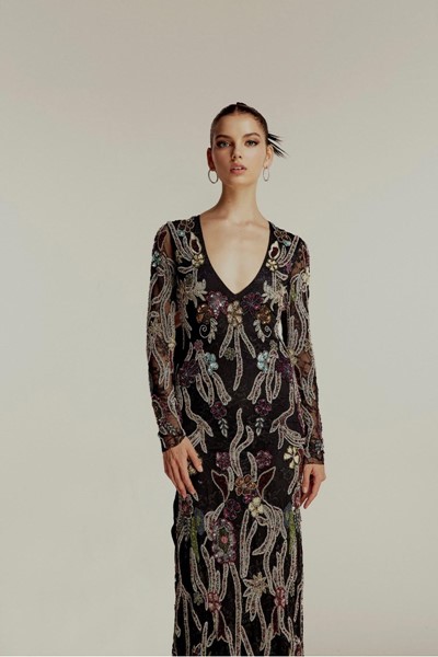 floral pattern beaded v-neck long sleeve maxi evening dress, floral pattern beaded v-neck long sleeve maxi evening dress