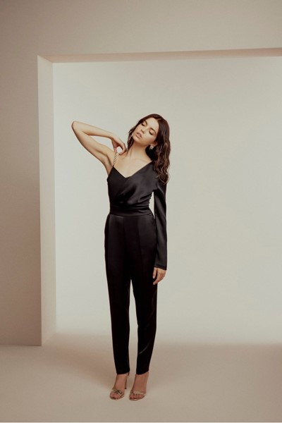 satin jumpsuit with chain detail on one shoulder, satin jumpsuit with chain detail on one shoulder
