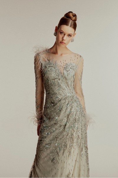embroidered evening dress with feather detail, embroidered evening dress with feather detail