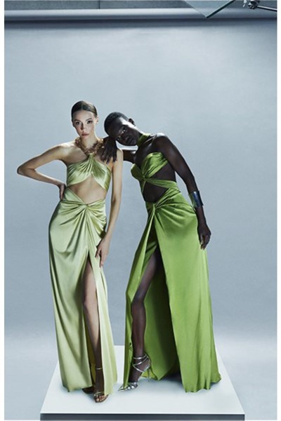neck accessorized drapery and slit evening dress, neck accessorized drapery and slit evening dress