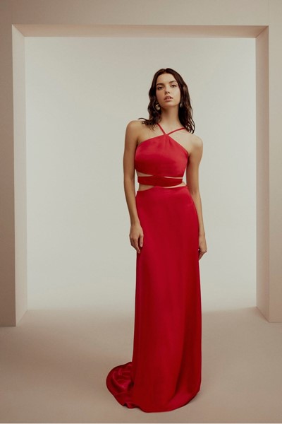 long red evening dress with cut out detail, long red evening dress with cut out detail