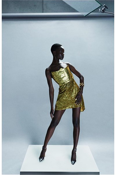 straplez yaka drape detaylı mini gold couture elbise, straplez yaka drape detaylı mini gold couture elbise